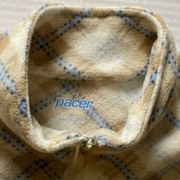 PACER 1X Sweatshirt Zip Up Fleece Women Tan, Blue & Cream Window Pane Plaid - Picture 11 of 11